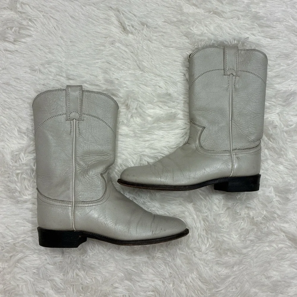Vintage women's Justin metallic gray leather roper cowboy boots Size 6 - Picture 3 of 7